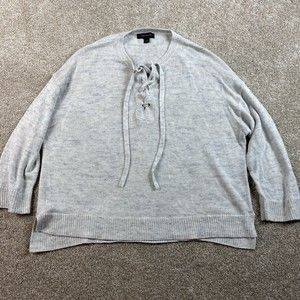 Ann Taylor Womens Lace Up Sweater L Marled Gray  Ivory  Lightweight Knit